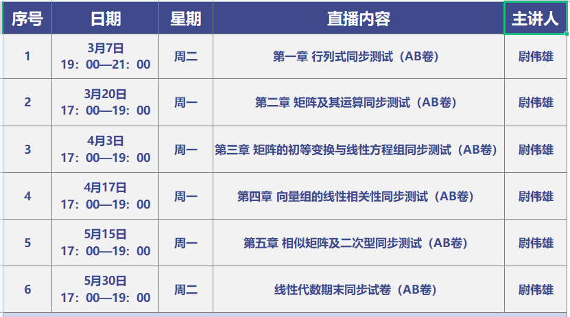 3月7日起，高等教育出版社“线性代数同步测试卷精讲”将正式上线！