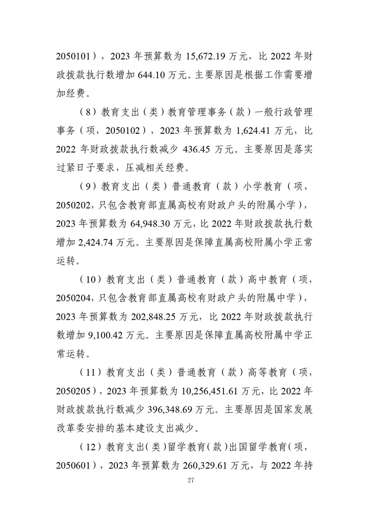 教育部公布2023部门预算，同比去年执行数增加24.72亿元