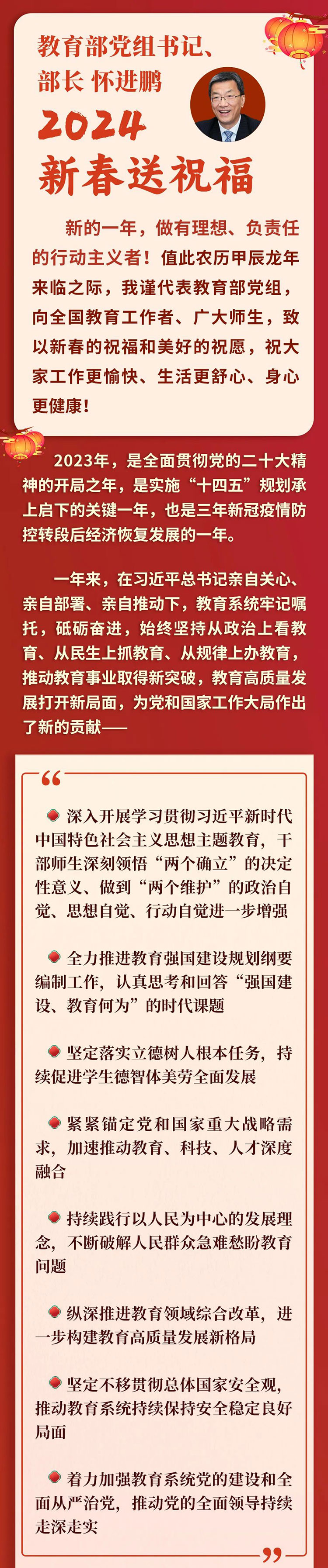 教育部党组书记、部长怀进鹏2024新春送祝福